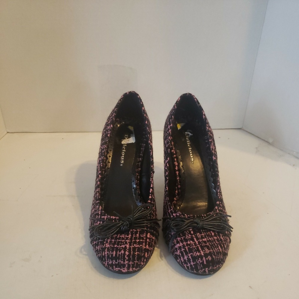 Delicious Pink Black Tweed Bow Round Toe Stiletto Heels Pumps Womens Size 7.5